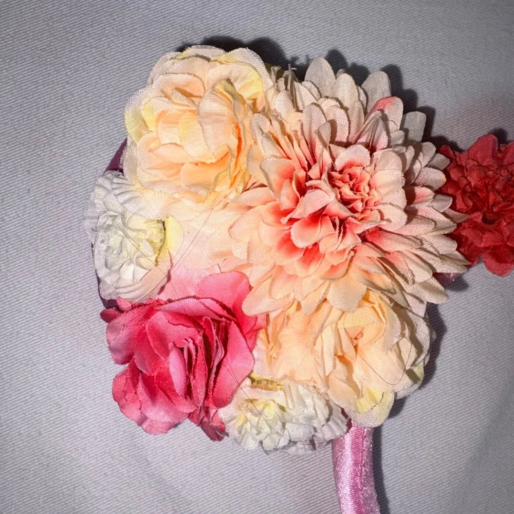 Disney Parks Minnie Mouse Floral Ears Headband OS Pink Excellent Satin Flower